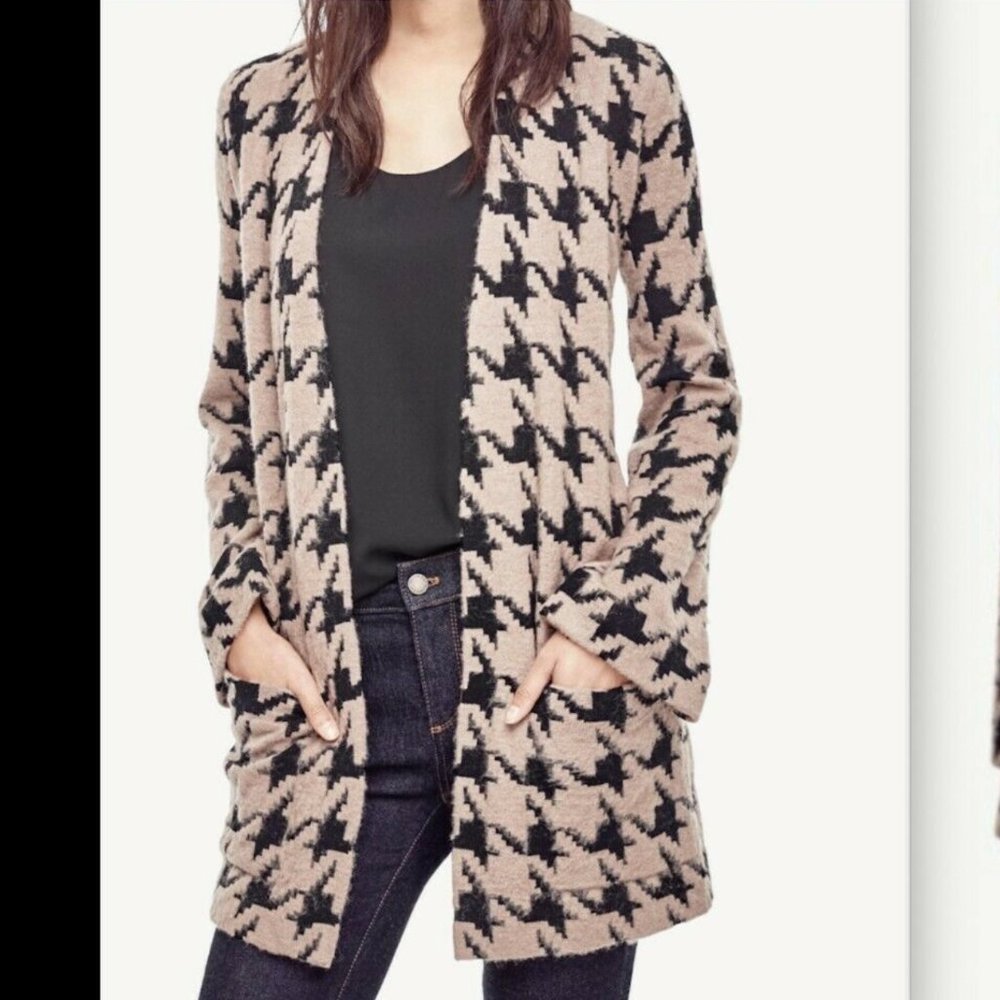 NWT Ann Taylor $129 Houndstooth Open Duster Cardigan Sweater Black Pink SMALL